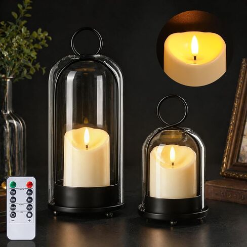 Brass Hurricane Handmade Sturdy Glass Dome Candle Holders with Glass Cover, Set of 2 Flameless Battery Operated LED Pillar Candles and Remote, Elegant Cloche Lantern for Modern Table Centerpiece in Saudi Arabia