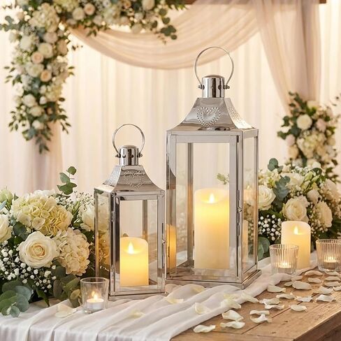 TRIROCKS Set of 2 Stainless Steel Lanterns 17"&12" H Decorative Outdoor Lantern Candle Holder with Tempered Glass for Living Room Wedding Parties Gifts Indoors Outdoors(Silver) in Saudi Arabia
