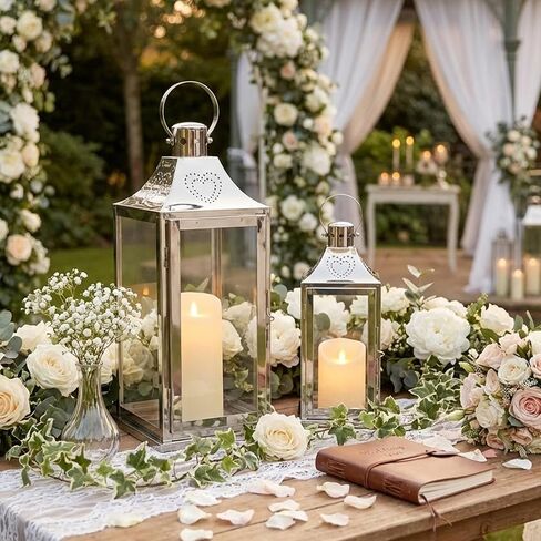 TRIROCKS Set of 2 Stainless Steel Lanterns 17"&12" H Decorative Outdoor Lantern Candle Holder with Tempered Glass for Living Room Wedding Parties Gifts Indoors Outdoors(Silver) in Saudi Arabia