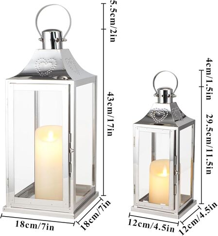 TRIROCKS Set of 2 Stainless Steel Lanterns 17"&12" H Decorative Outdoor Lantern Candle Holder with Tempered Glass for Living Room Wedding Parties Gifts Indoors Outdoors(Silver) in Saudi Arabia