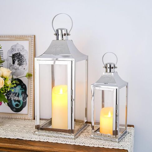 TRIROCKS Set of 2 Stainless Steel Lanterns 17"&12" H Decorative Outdoor Lantern Candle Holder with Tempered Glass for Living Room Wedding Parties Gifts Indoors Outdoors(Silver) in Saudi Arabia