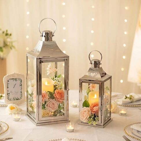 TRIROCKS Set of 2 Stainless Steel Lanterns 17"&12" H Decorative Outdoor Lantern Candle Holder with Tempered Glass for Living Room Wedding Parties Gifts Indoors Outdoors(Silver) in Saudi Arabia