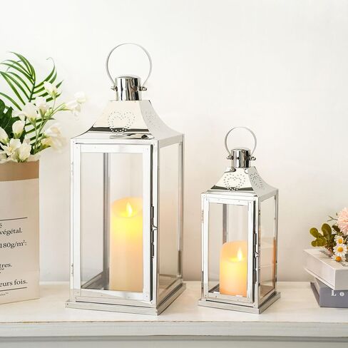 TRIROCKS Set of 2 Stainless Steel Lanterns 17"&12" H Decorative Outdoor Lantern Candle Holder with Tempered Glass for Living Room Wedding Parties Gifts Indoors Outdoors(Silver) in Saudi Arabia