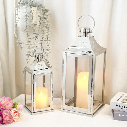 TRIROCKS Set of 2 Stainless Steel Lanterns 17"&12" H Decorative Outdoor Lantern Candle Holder with Tempered Glass for Living Room Wedding Parties Gifts Indoors Outdoors(Silver) in Saudi Arabia