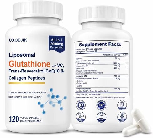 Liposomal Glutathione Supplement - 2000MG Glutathione Liposomal with VIT C, Resveratrol, Antioxidant Reduced L-Glutathione for Liver Detox and Immune Energy Skin Support, 120 Capsules in Saudi Arabia