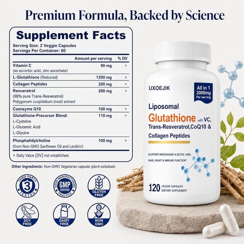 Liposomal Glutathione Supplement - 2000MG Glutathione Liposomal with VIT C, Resveratrol, Antioxidant Reduced L-Glutathione for Liver Detox and Immune Energy Skin Support, 120 Capsules in Saudi Arabia