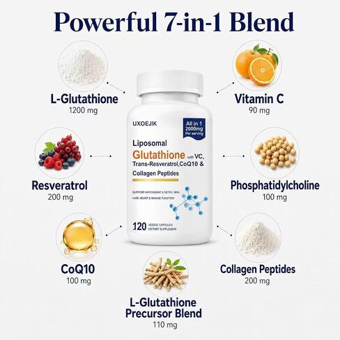 Liposomal Glutathione Supplement - 2000MG Glutathione Liposomal with VIT C, Resveratrol, Antioxidant Reduced L-Glutathione for Liver Detox and Immune Energy Skin Support, 120 Capsules in Saudi Arabia