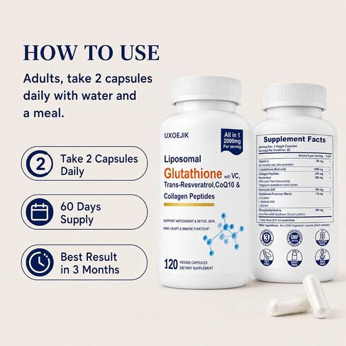 Liposomal Glutathione Supplement - 2000MG Glutathione Liposomal with VIT C, Resveratrol, Antioxidant Reduced L-Glutathione for Liver Detox and Immune Energy Skin Support, 120 Capsules in Saudi Arabia