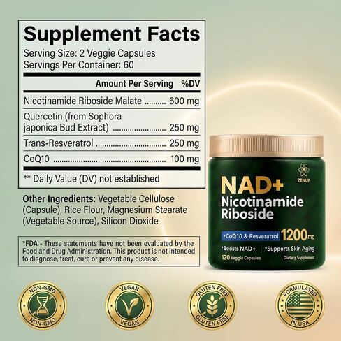 NAD Supplement Nicotinamide Riboside Malate with CoQ10, Trans-Resveratrol & Quercetin, 1200mg Per Serving, Daily Supplement Formula, 120 Veggie Capsules, 60 Servings in Saudi Arabia