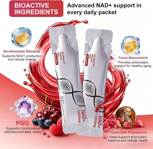 NAD 1000mg Liquid 30 Packets, NAD Resveratrol Supplement with NR & PQQ for Cellular Energy & Healthy Aging, NAD Plus, NAD+ Supplements for Men & Women in Saudi Arabia
