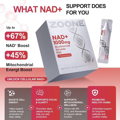 NAD 1000mg Liquid 30 Packets, NAD Resveratrol Supplement with NR & PQQ for Cellular Energy & Healthy Aging, NAD Plus, NAD+ Supplements for Men & Women in Saudi Arabia