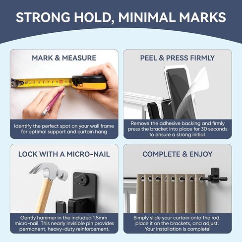 2.0 Upgraded No-Drill Curtain Rod for Windows 48 to 84 inches – Renter-Friendly Adhesive & Pin-Nail Mount, 5/8" Black Adjustable Rod, Minimal Wall Damage in Saudi Arabia