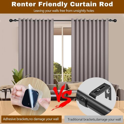 Adhesive Curtain Rod No Drilling for Windows 27 to 84",Renter Friendly No Drill Adjustable Rod, 5/8 Inch Diameter Easy Install Non Screw Screwless Apartment Rods with Stick on Bracket Holder 2-Pack in Saudi Arabia
