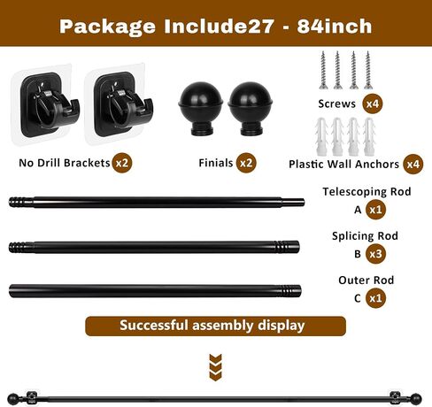 Adhesive Curtain Rod No Drilling for Windows 27 to 84",Renter Friendly No Drill Adjustable Rod, 5/8 Inch Diameter Easy Install Non Screw Screwless Apartment Rods with Stick on Bracket Holder 2-Pack in Saudi Arabia