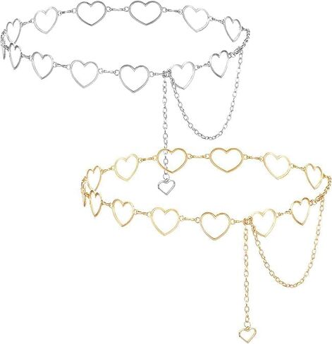 2 Pair Heart Chain Waist Belt For Women, 47 Inches, Gold Silver | Adjustable Metal Body Belly Chain, Heart Design Rhinestone, For Dresses, Jeans, Swimwear in Saudi Arabia