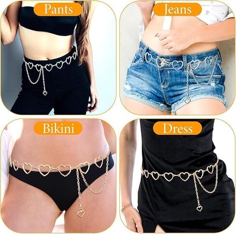 2 Pair Heart Chain Waist Belt For Women, 47 Inches, Gold Silver | Adjustable Metal Body Belly Chain, Heart Design Rhinestone, For Dresses, Jeans, Swimwear in Saudi Arabia