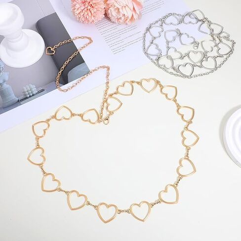 2 Pair Heart Chain Waist Belt For Women, 47 Inches, Gold Silver | Adjustable Metal Body Belly Chain, Heart Design Rhinestone, For Dresses, Jeans, Swimwear in Saudi Arabia