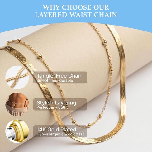 Adjustable Waist Chain for Women, 14K Gold Plated Layered Belly Chain Hypoallergenic Body Chain Waterproof Non Tarnish Waist Beads for Women Summer Beach Bikini Party Daily Outfits Jewelry Gift in Saudi Arabia