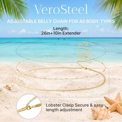 Adjustable Waist Chain for Women, 14K Gold Plated Layered Belly Chain Hypoallergenic Body Chain Waterproof Non Tarnish Waist Beads for Women Summer Beach Bikini Party Daily Outfits Jewelry Gift in Saudi Arabia