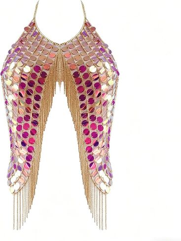 Pink Sequin Body Chain Vest - Iridescent Tassel Jewelry Top for Music Festival, Rave Outfits & Summer Beach Party Layering Accessories,One Size in Saudi Arabia