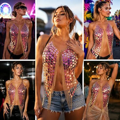 Pink Sequin Body Chain Vest - Iridescent Tassel Jewelry Top for Music Festival, Rave Outfits & Summer Beach Party Layering Accessories,One Size in Saudi Arabia
