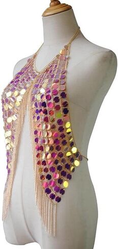 Pink Sequin Body Chain Vest - Iridescent Tassel Jewelry Top for Music Festival, Rave Outfits & Summer Beach Party Layering Accessories,One Size in Saudi Arabia