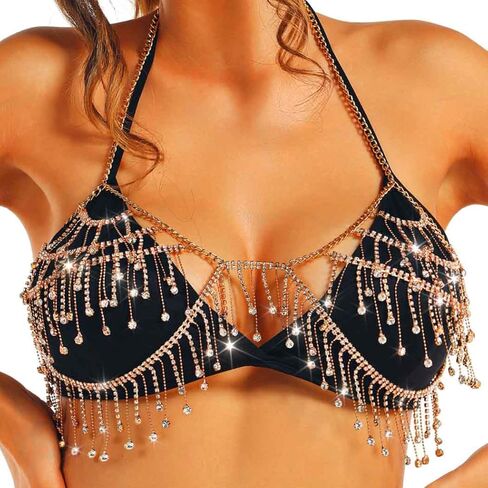 REETAN Rhinestone Fringe Bra Chain Gold Fashion Rave Body Jewelry for Women in Kuwait