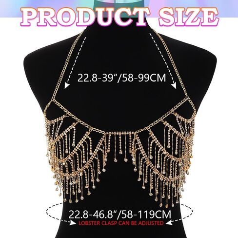 REETAN Rhinestone Fringe Bra Chain Gold Fashion Rave Body Jewelry for Women in Kuwait