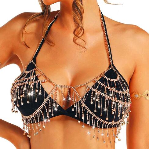 REETAN Rhinestone Fringe Bra Chain Gold Fashion Rave Body Jewelry for Women in Kuwait