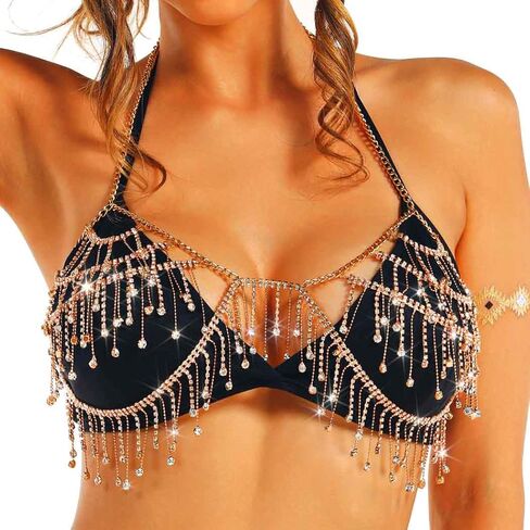 REETAN Rhinestone Fringe Bra Chain Gold Fashion Rave Body Jewelry for Women in Kuwait