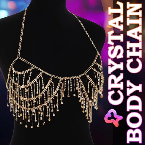 REETAN Rhinestone Fringe Bra Chain Gold Fashion Rave Body Jewelry for Women in Kuwait