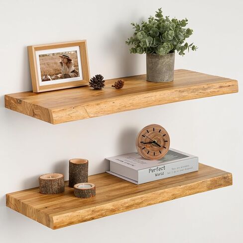 Floating Shelves Set of 2, Solid Elm Wood Wall Shelves 24 Inch - Invisible Bracket Mount for Living Room, Bedroom, Kitchen, Bathroom - Natural in Saudi Arabia
