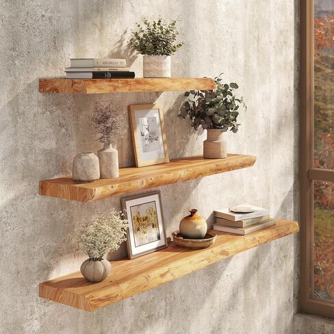 Floating Shelves Set of 2, Solid Elm Wood Wall Shelves 24 Inch - Invisible Bracket Mount for Living Room, Bedroom, Kitchen, Bathroom - Natural in Saudi Arabia