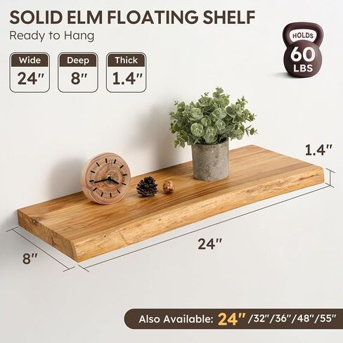 Floating Shelves Set of 2, Solid Elm Wood Wall Shelves 24 Inch - Invisible Bracket Mount for Living Room, Bedroom, Kitchen, Bathroom - Natural in Saudi Arabia