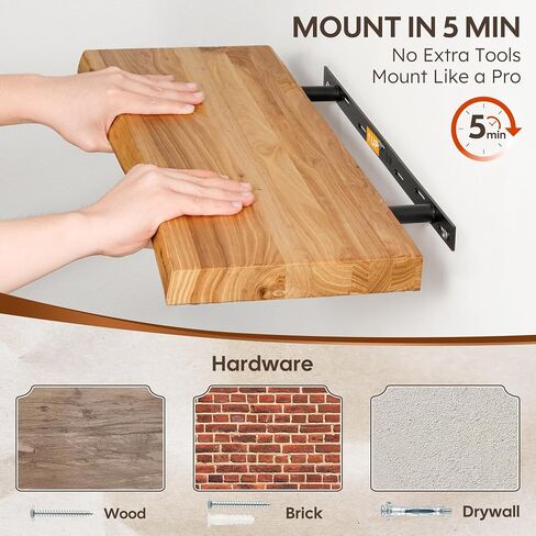 Floating Shelves Set of 2, Solid Elm Wood Wall Shelves 24 Inch - Invisible Bracket Mount for Living Room, Bedroom, Kitchen, Bathroom - Natural in Saudi Arabia
