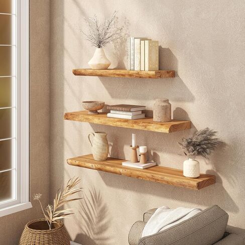 Floating Shelves Set of 2, Solid Elm Wood Wall Shelves 24 Inch - Invisible Bracket Mount for Living Room, Bedroom, Kitchen, Bathroom - Natural in Saudi Arabia