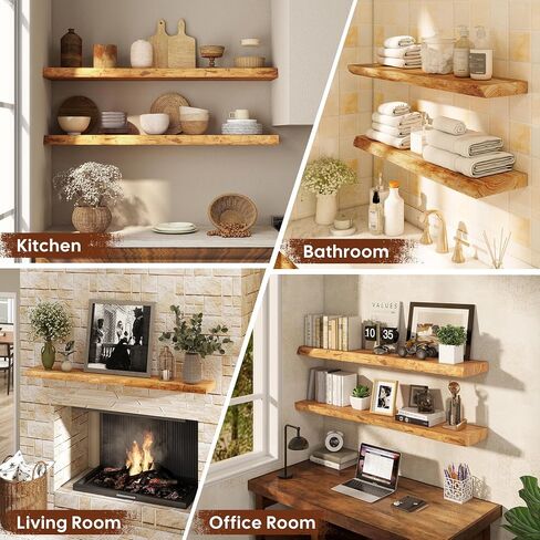 Floating Shelves Set of 2, Solid Elm Wood Wall Shelves 24 Inch - Invisible Bracket Mount for Living Room, Bedroom, Kitchen, Bathroom - Natural in Saudi Arabia