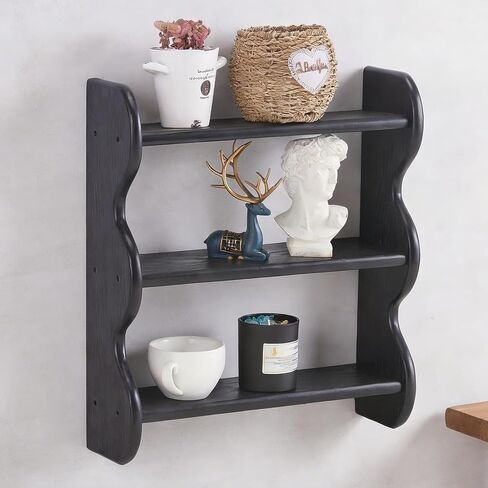 Vintage Wooden Wall Shelf, 100% Solid Wood 3 Tier Wall Shelves, Rustic Wall Mounted Home Decor Trinket Shelf Display Shelves for Apartment, Kitchen and Bedroom in Saudi Arabia