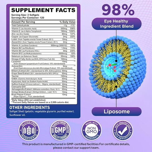 AREDS 2 Eye Vitamins and Mineral Supplement with Lutein, Astaxanthin, Zeaxanthin, Bilberry Extract, Omega-3, Eye Vitamin for Macular Health, Dry Eye, Eye Strain, Night Vision - 240 Softgels in Kuwait