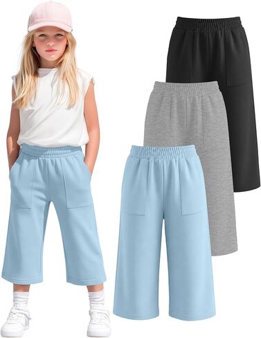3 Pack Girls' Capri Pants Wide Leg Capris with Pockets Kids Summer Casual Pant Teen Loose Cropped Sweatpants 5-14Y in Kuwait