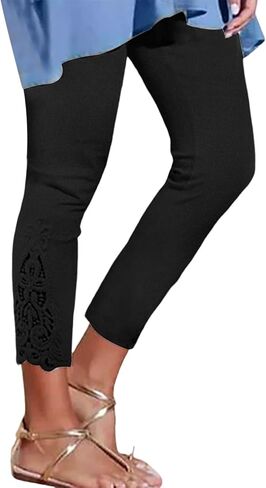 Black Capri Leggings for Women Lace Trim Cotton Slim Fit Tights Pants Cropped Length Stretch Plus Size Summer Trouser in Saudi Arabia