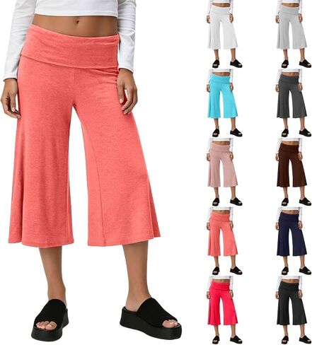 Wide Leg Capri Pants for Women Fold Over Cropped Low Rise Stretch Gaucho Pant for Summer Beach Holiday Streetwear in Saudi Arabia