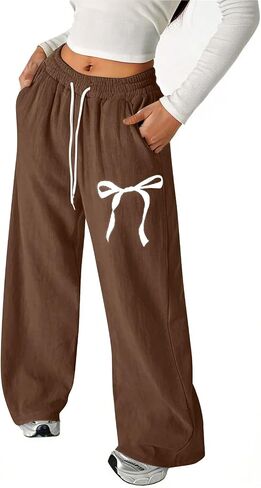 Flowy Linen Pants for Women Plus Size Baggy Sweatpants Bow Print Elastic Waist Wide Leg Loose Pants with Pockets in Saudi Arabia