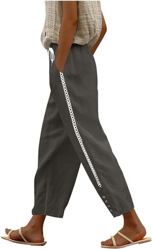 Womens Summer Pants Lightweight Casual Linen Capri Pants with Drawstring Side Button Down Elastic Waist Trousers in Saudi Arabia