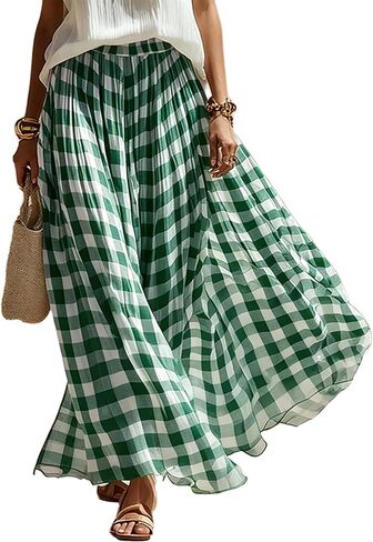 Mansy Women's Gingham Maxi Skirt Chiffon Elastic High Waist Pleated Flowy Casual Summer Checkered Plaid Long Skirt in Saudi Arabia