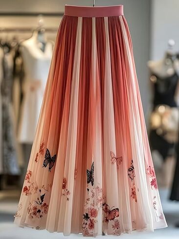Women's Ombre Pink Butterfly Floral Tulle Maxi Skirt, High Waist Pleated A-Line Flowy Skirt for Wedding Guest Vacation, in Kuwait