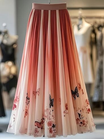 Women's Ombre Pink Butterfly Floral Tulle Maxi Skirt, High Waist Pleated A-Line Flowy Skirt for Wedding Guest Vacation, in Kuwait