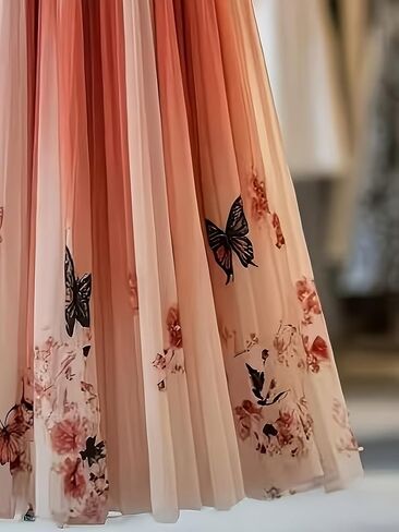 Women's Ombre Pink Butterfly Floral Tulle Maxi Skirt, High Waist Pleated A-Line Flowy Skirt for Wedding Guest Vacation, in Kuwait