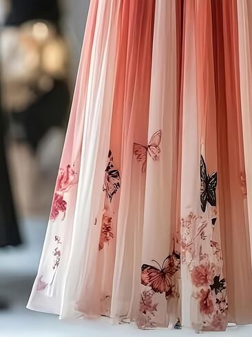 Women's Ombre Pink Butterfly Floral Tulle Maxi Skirt, High Waist Pleated A-Line Flowy Skirt for Wedding Guest Vacation, in Kuwait