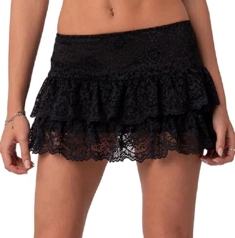 Women Y2k Lace Mini Skirts Low Elastic Rise Ruffle Half Slip Skirt Pleated Layered Flowy Short Skirt Streetwear in Kuwait